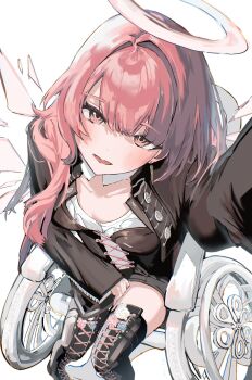 absurdres arknights black_dress black_jacket boots cropped_jacket dress energy_wings from_above halo highres jacket lemuen_(arknights) light_smile long_hair open_mouth petraruruka pink_eyes pink_hair shirt simple_background thigh_boots wheelchair wings