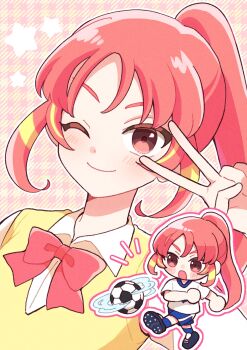 ball blonde_hair blush closed_mouth commentary_request highres inazuma_eleven_(series) inazuma_eleven_victory_road king_of_kazuya multicolored_hair one_eye_closed pink_hair ponytail ribbon school_uniform shinohara_raika shirt sidelocks smile soccer_ball streaked_hair two-tone_hair v v_over_eye