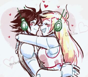 1boy 1girl :d android arms_around_neck arms_around_waist bare_arms bare_shoulders black_hair black_tank_top blonde_hair blush closed_eyes closed_mouth colored_skin commentary couple crop_top curly_brace doodles-of-a-nerd-kid doukutsu_monogatari english_commentary face-to-face facing_another from_side heart hetero joints long_hair noses_touching open_mouth quote_(cave_story) red_tank_top robot_ears robot_girl robot_joints short_hair smile tank_top white_skin