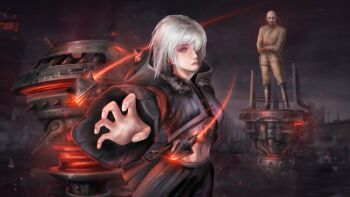 1boy 1girl armband bald battlefield boots breasts brown_hair cloud command_&amp;_conquer command_&amp;_conquer:_red_alert command_&amp;_conquer:_red_alert_2 cqdym dark_cloud dart earrings facial_hair fingernails floating fur-trimmed_shirt fur_trim gloves glowing goatee grey_sky hair_over_one_eye highres hood hood_down horned_hood horns incoming_attack jewelry libra_(mental_omega) lips looking_at_viewer machine machinery mental_omega_(mod) midriff military_uniform nose official_art pleated_skirt pleated_sleeves realistic red_eyes resh_vav_yod_symbol shirt short_hair skirt sky small_breasts straight-on telekinesis wasteland white_hair yuri_(red_alert_2)