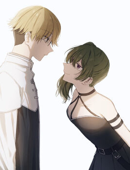 1boy 1girl arm_at_side arm_strap belt belt_buckle black_belt black_choker black_dress bloom brown_hair buckle choker closed_mouth collarbone commentary_request dress expressionless from_side glasses green_hair highres land_(sousou_no_frieren) leaning_forward long_hair long_sleeves looking_at_another purple_eyes short_hair side_ponytail simple_background sleeveless sleeveless_dress smile sousou_no_frieren standing two-tone_shirt ubel_(sousou_no_frieren) undercut very_short_hair white_background yoichi_hnkn