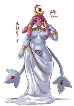 Rule 34 | 1girl, breasts, colored skin, commentary request, convenient hair, forehead jewel, full body, gen 4 pokemon, grey skin, highres, large breasts, legendary pokemon, looking at viewer, mesprit, multicolored skin, multiple tails, navel, nintendo, partial humanization, pink skin, pokemon, pubic tattoo, robe, signature, simple background, solo, tail, tattoo, translation request, two-tone skin, two tails, white background, white robe, white skin, yultzr