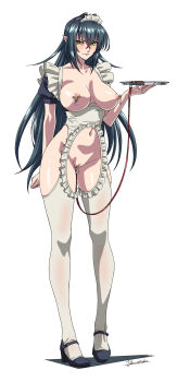 1girl annerose_vajra bdsm black_hair breasts clitoris_piercing highres himemura_saki huge_breasts koutetsu_no_majo_annerose leash long_hair maid maid_headdress navel nipple_bar nipple_jewelry nipple_piercing nipples no_bra no_panties piercing pointy_ears pussy_piercing revealing_clothes slave thighhighs white_thighhighs yellow_eyes
