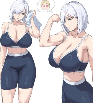 1girl absurdres bare_shoulders biceps bike_shorts blonde_hair breasts cleavage commentary english_commentary fiona_frost flexing grey_eyes hair_over_one_eye heart heart-shaped_eyes high-waist_shorts highres holding holding_towel ksksksa large_breasts mixed-language_commentary multiple_views short_hair shorts simple_background speech_bubble sports_bra spy_x_family sweat thought_bubble toned toned_female towel twilight_(spy_x_family) white_background white_hair wiping_sweat