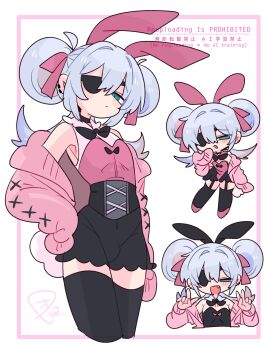 1boy :/ animal_ear_hairband animal_ears armpit_crease armpits bare_shoulders black_bow black_bowtie black_choker black_corset black_hairband black_leotard black_skirt black_thighhighs blue_eyes blue_hair blush bow bowtie bulge cardigan chibi choker colored_tips commentary corset cowboy_shot crossdressing crossdressing_(mtf) detached_collar double-parted_bangs double_bun double_v earclip expressionless eyepatch fake_animal_ears fake_tail fang flipped_hair full_body garter_straps hair_between_eyes hair_bow hair_bun hair_intakes hairband hand_on_own_hip hand_up hands_up highres legs_apart leotard light_blush long_sleeves looking_at_viewer male_focus male_playboy_bunny multicolored_hair multiple_views narrowed_eyes no_nose off_shoulder one_eye_covered op_na_yarou open_cardigan open_clothes open_mouth original pink_bow pink_cardigan pink_hairband pink_leotard pink_shirt pink_shoes playboy_bunny rabbit_ear_hairband rabbit_ears rabbit_tail raised_eyebrows raised_inner_eyebrows red_hair rigel_(op_na_yarou) see-through_clothes see-through_skirt shirt shoes sidelocks simple_background skirt sleeveless sleeveless_shirt sleeves_past_fingers sleeves_past_wrists standing tail thighhighs thighs trap two_side_up upper_body v watermark white_background white_hair