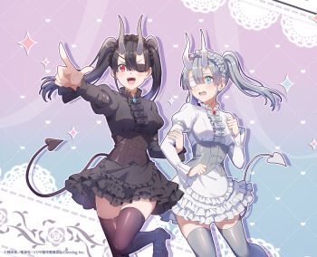 1boy 1girl 2.5_jigen_no_ririsa 2.5_jigen_no_ririsa_tenshitachi_no_stage arm_belt black_corset black_hair black_hairband black_thighhighs blue_eyes blush breasts brooch brother_and_sister center-flap_bangs copyright_notice corset cosplay crossdressing crossdressing_(mtf) demon_horns demon_tail dress eyepatch frilled_dress frilled_hairband frills gradient_background grey_corset grey_hair grey_hairband grey_horns grey_thighhighs hairband highres holding_another&#039;s_arm horns jewelry juliet_sleeves kuro_(2.5_jigen_no_ririsa) kuro_(2.5_jigen_no_ririsa)_(cosplay) lemon_(2.5_jigen_no_ririsa) lime_(2.5_jigen_no_ririsa) long_sleeves medium_breasts official_art open_mouth pointing pointing_forward puffy_sleeves red_eyes shiro_(2.5_jigen_no_ririsa) shiro_(2.5_jigen_no_ririsa)_(cosplay) siblings smile tail teeth thighhighs trap twins twintails upper_teeth_only white_horns