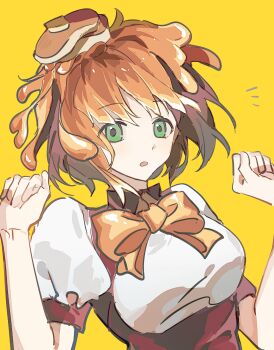Rule 34 | 1girl, absurdres, bow, bowtie, brown hair, chinese commentary, clenched hands, commentary request, food, food on head, green eyes, hands up, highres, kimi ga shine, looking at viewer, lu di li dianbo tongxin, maple (kimi ga shine), object on head, pancake, parted lips, puffy short sleeves, puffy sleeves, shirt, short hair, short sleeves, solo, syrup, upper body, white shirt, yellow bow, yellow bowtie