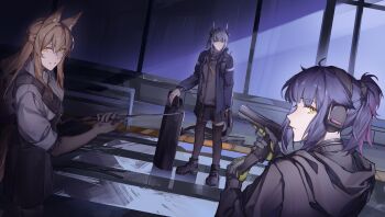 3girls animal_ear_fluff animal_ears arknights ballistic_shield black_shoes black_skirt black_thighhighs blacksteel_worldwide_(arknights) blue_jacket brown_hair brown_tail cat_girl collared_shirt commentary cowboy_shot dragon_girl dragon_horns dragon_tail ear_protection fox_ears fox_girl fox_tail franka_(arknights) from_behind full_body gloves grey_hair grey_shirt gun haaahoi handgun highres holding holding_gun holding_shield holding_weapon horns jacket jessica_(arknights) liskarm_(arknights) long_hair long_sleeves looking_at_viewer looking_back multiple_girls open_clothes open_jacket open_mouth orange_eyes ponytail purple_hair shield shirt shoes skirt smile tail thighhighs upper_body weapon yellow_eyes