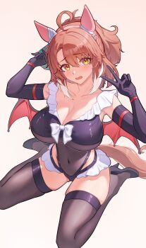 1girl 1m5papa absurdres ahoge animal_ears bat_wings black_gloves black_leotard black_shoes black_thighhighs blush breasts brown_hair cleavage covered_navel dantsu_flame_(umamusume) ear_covers elbow_gloves frilled_leotard frills gloves hair_between_eyes high_heels highleg highleg_leotard highres horse_ears horse_girl horse_tail large_breasts leotard long_hair looking_at_viewer open_mouth ponytail shoes sidelocks sitting solo tail thighhighs umamusume v wariza wings yellow_eyes