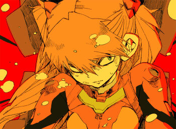 1girl air_bubble bubble clenched_teeth cockpit green_eyes hair_between_eyes lcl mecha_pilot_suit neon_genesis_evangelion plugsuit saburou_(sblo) solo souryuu_asuka_langley teeth twintails underwater upper_body