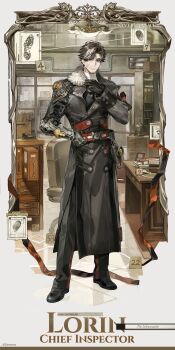 1boy absurdres armor asymmetrical_gloves black_coat black_gloves black_hair black_shoes book book_stack bookshelf chair character_name coat commentary desk english_commentary english_text fingerprint folder gloves greaves highres kerosene_lamp long_coat multicolored_hair office office_chair official_art scar scar_on_face shoes silver_palace solo streaked_hair swivel_chair white_hair