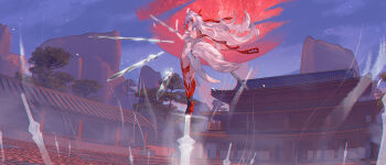 1girl absurdres animal_ear_fluff animal_ears architecture armlet bare_shoulders black_shoes boluo_233 bracelet building china_dress chinese_clothes closed_mouth commentary dress droopy_ears east_asian_architecture english_commentary floating floating_object floating_sword floating_weapon from_behind full_body hairband highres holding holding_ofuda holding_sword holding_weapon jewelry leg_tattoo long_hair looking_at_viewer looking_back metal_bracelet multiple_swords ofuda outdoors qingming_sword red_eyes see-through_horns shoes silver_armlet silver_bracelet solo standing_on_sword sword tail tattoo thighs tree very_long_hair weapon white_dress white_hair white_hairband white_tail ye_shunguang zenless_zone_zero