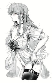 1girl alternate_costume bandaid_on_stomach bang_dream! bang_dream!_it&#039;s_mygo!!!!! bite_mark bite_mark_on_leg blush breasts chinese_commentary choker cleavage collarbone commentary_request ear_blush garter_straps greyscale highres large_breasts lingerie long_hair monochrome navel short_sleeves sidelocks simple_background single_thighhigh siy_(shengxiu760722) solo spot_color sweat thighhighs togawa_sakiko underwear white_background