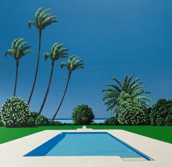 Rule 34 | blue sky, bush, commentary, day, english commentary, grass, highres, hiroshi nagai, horizon, no humans, original, outdoors, palm tree, pool, sky, traditional media, tree