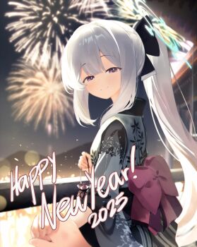 1boy 1girl 2025 absurdres aerial_fireworks bag black_eyes black_kimono black_ribbon black_sash blue_archive blue_halo blush commentary english_text fireworks floral_print floral_print_kimono from_side grey_kimono hair_between_eyes hair_ribbon half-closed_eyes halo happy_new_year highres holding holding_bag japanese_clothes kimono long_hair looking_at_viewer meliach miyako_(blue_archive) new_year obi obi_bow out_of_frame ponytail print_kimono ribbon sash sidelocks smile two-tone_kimono white_hair