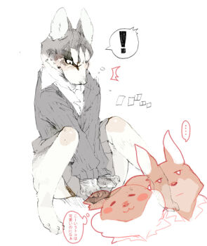 ! 1girl 2boys animal_feet animal_hands arms_between_legs blush body_fur claws clenched_teeth commentary_request covering_crotch covering_privates dog_boy dog_girl embarrassed full_body furry furry_female furry_male grey_fur grey_skirt grey_sweater husky knees_up multiple_boys nagabe original school_uniform simple_background sitting skirt skirt_tug spoken_exclamation_mark sweater teeth translation_request white_background white_fur