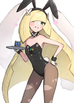 1girl absurdres alternate_breast_size alternate_costume animal_ear_hairband animal_ears big_hair black_hairband black_leotard blonde_hair collarbone commentary_request cosplay fake_animal_ears gen_4_pokemon gloves gonzarez green_eyes hairband hand_on_own_hip heart highres holding holding_plate leotard long_hair lopunny lopunny_(cosplay) loving_aura lusamine_(pokemon) nintendo pantyhose plate playboy_bunny poke_ball pokemon pokemon_sm rabbit_ear_hairband rabbit_ears simple_background skinny smile solo strapless strapless_leotard very_long_hair white_background white_gloves