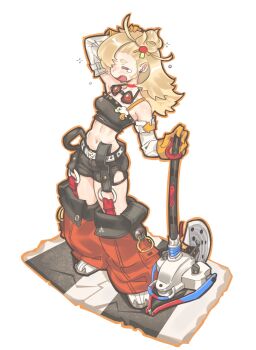 Rule 34 | 1girl, absurdres, bare shoulders, black shirt, black shorts, blonde hair, blush, ceramicnoise, choker, closed eyes, commentary, crop top, detached pants, earrings, english commentary, gloves, goggles, goggles around neck, hand on own head, highres, holding, holding weapon, jewelry, long hair, midriff, navel, piper wheel, red choker, shirt, shoes, shorts, simple background, solo, spiked shirt, standing, tears, torn clothes, torn shirt, weapon, white background, white shoes, yawning, yellow gloves, zenless zone zero