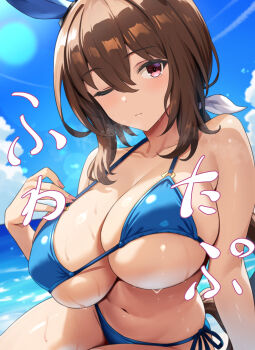 1girl admire_vega_(umamusume) animal_ears asanagi_shion bare_shoulders beach bikini blue_bikini blush breasts brown_eyes brown_hair cleavage highres horse_ears horse_girl horse_tail large_breasts long_hair looking_at_viewer low_ponytail navel one_eye_closed outdoors ponytail solo swimsuit tail umamusume wet