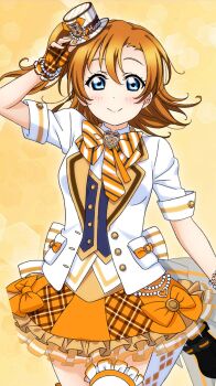 Rule 34 | 1girl, artist name, artist request, back bow, black boots, blue corset, blue eyes, blush, boots, bow, breasts, collared shirt, corset, female focus, fingerless gloves, gloves, hair between eyes, highres, kosaka honoka, looking at viewer, love live!, love live! school idol festival, love live! school idol festival after school activity, love live! school idol project, orange bow, orange gloves, orange hair, orange neckwear, orange skirt, parted lips, shirt, side ponytail, skirt, small breasts, smile, solo, standing, standing on one leg, striped bow, striped clothes, striped headwear, striped neckwear, white headwear, white legwear, white shirt, white skirt