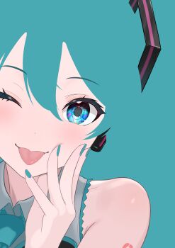 1girl absurdres aqua_background aqua_hair aqua_nails aqua_necktie bare_shoulders blending blue_eyes commentary_request futatunoniji hair_between_eyes hatsune_miku headset highres looking_at_viewer nail_polish necktie number_tattoo one_eye_closed shirt shoulder_tattoo sleeveless sleeveless_shirt solo tattoo tongue tongue_out upper_body vocaloid
