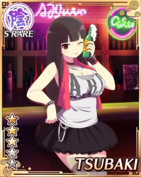 1girl bar_(place) black_hair black_skirt border bottle bracelet breasts card_(medium) character_name cleavage english_text game_cg grey_shirt grey_thighhighs hime_cut holding holding_bottle jewelry large_breasts leaning_on_object long_hair neon_sign official_alternate_costume official_art one_eye_closed red_eyes senran_kagura senran_kagura_new_wave shirt skirt smile solo studded_bracelet studded_choker sweat tank_top thighhighs tongue tongue_out towel towel_around_neck tsubaki_(senran_kagura)
