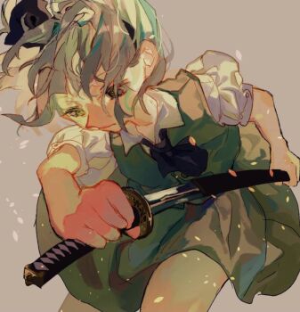 1girl ascot black_ascot closed_mouth commentary_request cowboy_shot drawing_sword expressionless green_skirt green_vest grey_background grey_eyes grey_hair holding holding_sword holding_weapon katana konpaku_youmu leaning_forward puffy_short_sleeves puffy_sleeves scabbard sheath shinjitsu_no_kuchi shirt short_hair short_sleeves simple_background skirt skirt_set solo sword touhou vest weapon white_shirt