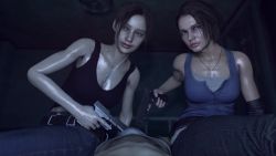 1boy 20s 2girls 3d akumasfm animated asymmetrical_hair at_gunpoint bed bedroom black_pants blue_eyes blue_jeans blue_pants blue_shirt breasts briefs brown_hair bulge capcom claire_redfield cleavage denim erection erection_under_clothes eye_contact frown gun handgun hetero highres holding holding_gun holding_pistol holding_weapon indoors interior jewelry jill_valentine large_breasts light_smile looking_at_another looking_at_viewer looping_animation lying male_underwear multiple_girls necklace night on_back on_bed pants penis pistol poking pov red_tank_top resident_evil resident_evil_2 resident_evil_2_(remake) resident_evil_3:_nemesis resident_evil_3_(remake) shirt short_hair sidelocks sitting sleeveless sleeveless_shirt source_filmmaker_(medium) tank_top threatening topless_male trigger_discipline uncensored undershirt underwear underwear_only video weapon