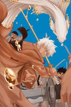 3boys alternate_color black_hair blue_background brown_eyes coat commentary dexkaai english_commentary fish highres holding holding_sword holding_weapon kagurabachi katana koi long_sleeves male_focus multiple_boys profile rokuhira_chihiro scar short_hair sword water weapon white_hair