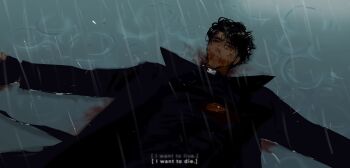 1boy absurdres black_coat black_hair black_shirt blood blood_from_mouth blood_on_clothes blood_on_face caption coat commentary cowboy_shot english_text from_above highres hole_in_chest hole_on_body lp_(sangkuranak) lying male_focus omniscient_reader&#039;s_viewpoint on_back on_ground open_clothes open_coat outstretched_arms popped_collar rain ripples shirt short_hair solo source_quote symbol-only_commentary yoo_joonghyuk