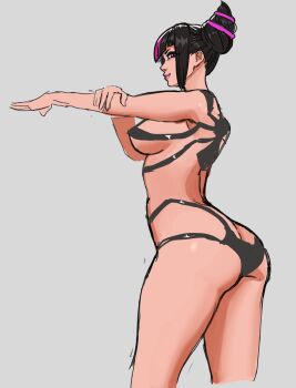 1girl ass bikini black_hair breasts butt_crack gluteal_fold hair_bun han_juri highres large_breasts looking_at_viewer looking_back multicolored_hair purple_eyes purple_hair simple_background solo street_fighter sunbeam_(artist) swimsuit two-tone_hair