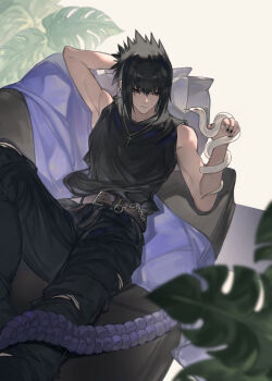 1boy absurdres arm_behind_head bare_shoulders belt black_hair black_pants black_shirt brown_belt couch cross cross_necklace feet_out_of_frame hair_between_eyes highres jewelry male_focus naruto_(series) naruto_shippuuden necklace omegaantiworld pants plant shirt short_hair sleeveless sleeveless_shirt snake snake_wrapped_around_arm solo spiked_hair uchiha_sasuke