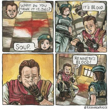 1boy 1girl absurdres artist_name barry_burton beard_stubble beret black_gloves blood blue_hat blue_shirt brown_hair commentary english_commentary facial_hair fingerless_gloves fireplace gloves gun hat highres holding holding_gun holding_weapon jill_valentine resident_evil resident_evil_1 rhiannon_kagoe shirt speech_bubble squatting stubble weapon