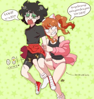 1boy 1girl angry artist_request artist_self-insert asuka2004 ball_busting bdsm black_hair cameltoe cbt clitoris crotch_pain dialogue_box egg female_pervert femdom green_eyes groin_attack kneeing pain panties pervert pussy_pain red_hair revenge squeezing_testicles testicles trap underwear