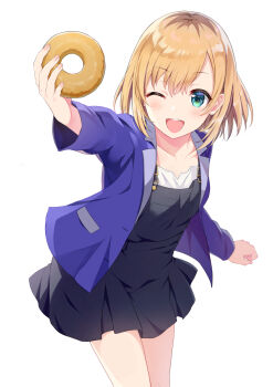 1girl ;d arm_up black_dress blonde_hair blush collarbone commentary_request donut dress food green_eyes hair_between_eyes highres holding holding_food jacket long_sleeves looking_at_viewer miyamori_aoi one_eye_closed open_clothes open_jacket open_mouth outstretched_arm pleated_dress purple_jacket shirobako shirt simple_background smile solo white_background white_shirt yatomi