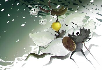 1boy 1girl absurdres antennae arthropod_boy arthropod_girl artist_name black_eyes closed_eyes commentary english_commentary falling_petals flying highres holding holding_shield hollow_knight hollow_knight:_silksong leafjuly monster_girl nyleth_(hollow_knight) petals phacia_(hollow_knight) pin_(hollow_knight) seth_(hollow_knight) shield standing twitter_username white_petals