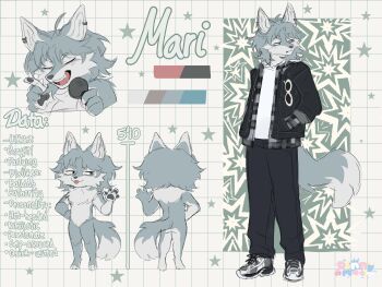 absurdres ahoge animal_ears blue_eyes blue_fur blue_hair character_name character_profile closed_eyes commission commissioner_upload copyright_request denim denim_jacket dinnymot earrings flannel furry furry_male graph hands_in_pockets highres jacket jewelry looking_to_the_side mari_(maril33)_(wolf) medium_hair microphone music non-web_source nude original pants reference_sheet shoes singing sneakers star_(symbol) sunglasses tail wolf wolf_boy wolf_ears wolf_tail