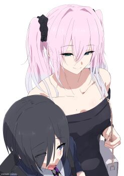 1boy 1girl absurdres argyle_clothes argyle_necktie backpack bag bare_shoulders black_dress black_hair black_nails black_scrunchie blazer blue_jacket breasts closed_mouth collarbone dress eyes_visible_through_hair green_eyes hair_between_eyes hair_intakes hair_ornament hair_over_one_eye hair_scrunchie half-closed_eyes handbag highres jacket long_hair long_sleeves medium_breasts misaki_nonaka nail_polish necktie off-shoulder_shirt off_shoulder original pink_hair purple_eyes school_uniform scrunchie shirt shoulder_bag simple_background sleeves_past_wrists smile twintails twitter_username white_background