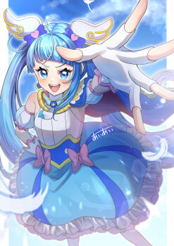 1girl absurdres ahoge aiai_(mtkw2488) arm_up armpits blue_cape blue_dress blue_eyes blue_hair blush bow brooch cape closed_mouth colored_petticoat commentary cure_sky cut_bangs detached_sleeves diagonal_bangs dress dress_bow earrings fingerless_gloves floating_hair frilled_dress frills gloves gradient_hair hair_ornament hand_on_own_hip highres hirogaru_sky!_precure jewelry legs_apart lips long_hair looking_at_viewer magical_girl medium_dress multicolored_dress multicolored_hair petticoat pink_bow pink_hair precure puffy_detached_sleeves puffy_sleeves red_cape single_bare_shoulder single_earring single_hair_streak single_sidelock sleeveless sleeveless_dress smile solo sora_harewataru sphere_earrings streaked_hair twintails two-sided_cape two-sided_fabric two-tone_dress two-tone_hair very_long_hair white_background white_dress white_gloves wing_brooch wing_hair_ornament