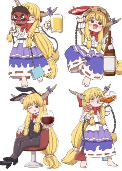 absurdres alcohol animal_ears barefoot beer black_leotard blonde_hair blush bottle bow bowtie candy chain cube cup fake_animal_ears food high_heels highres horn_ornament horn_ribbon horns ibuki_suika leotard lollipop long_hair low-tied_long_hair low-tied_sidelocks mask multiple_persona oni_mask orb pantyhose playboy_bunny poronegi purple_skirt pyramid_(geometry) red_bow red_bowtie ribbon rum sakazuki sake sash sharp_teeth shirt sidelocks simple_background skirt sleeveless smile strapless strapless_leotard teeth touhou whiskey white_background white_shirt