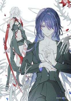 1girl absurdres acheron_(honkai:_star_rail) asymmetrical_footwear black_choker black_coat black_gloves black_shorts body_markings bone boots breasts chain choker cleavage coat coattails collarbone detached_sleeves flower formal_clothes gloves hair_over_one_eye highres holding holding_sword holding_weapon honkai:_star_rail honkai_(series) leg_tattoo long_hair midriff miyoushe_watermark multicolored_hair navel official_alternate_costume purple_eyes purple_hair purple_nails red_flower short_shorts shorts single_bare_shoulder skeleton stomach streaked_hair suit sword tattoo thigh_boots watermark weapon white_hair yue_(shemika98425261)