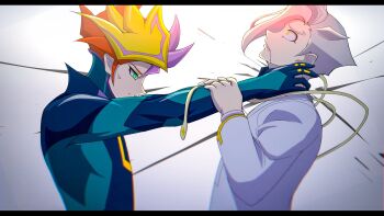 2boys alternate_form atltax_00 black_bodysuit black_border blonde_hair bodysuit border coat colored_bangs dappled_sunlight drooling empty_eyes expressionless facing_another facing_to_the_side fujiki_yusaku green_bodysuit green_eyes hand_on_another's_arm hands_on_another's_arm hands_on_another's_arms hands_on_another's_neck highres light_particles lightning_(yu-gi-oh!_vrains) liquid looking_down looking_up male_focus mind_control multicolored_bodysuit multiple_boys open_mouth outstretched_arms paint_splatter parted_bangs playmaker_(yu-gi-oh!) popped_collar possessed red_hair saliva saliva_trail shirt spectre_(yu-gi-oh!) spiked_hair splatter strangling sunlight sweatdrop tentacles tentacles_on_male two-tone_bodysuit white_background white_coat white_shirt yellow_eyes yellow_trim yu-gi-oh! yu-gi-oh!_vrains