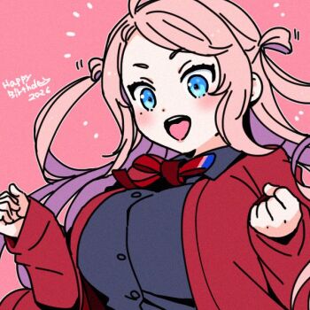 Rule 34 | 1girl, :d, ahoge, black shirt, blue eyes, breasts, cardigan, clenched hands, collared shirt, commentary, dress shirt, hair rings, happy birthday, large breasts, love live!, love live! nijigasaki high school idol club, neck ribbon, nijigasaki school uniform, open cardigan, open clothes, open mouth, pink background, pink hair, red cardigan, red ribbon, ribbon, school uniform, shinanoya (satanicad), shirt, simple background, smile, solo, teeth, two side up, untranslatable commentary, upper body, upper teeth only, zhong lanzhu