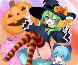 Rule 34 | 2girls, ;d, aika4472, ass, black hat, black shirt, candy, cirno, commentary request, cup, daiyousei, doll, fairy, food, full body, green eyes, green hair, halloween, hat, highres, holding, holding cup, jack-o&#039;-lantern, long sleeves, looking at viewer, multicolored background, multiple girls, one eye closed, open mouth, panties, shirt, side ponytail, smile, striped clothes, striped panties, striped thighhighs, thighhighs, touhou, underwear, witch hat