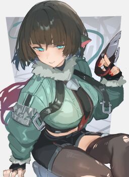 1girl animal_ears aqua_eyes aqua_jacket black_gloves black_hair black_shorts blunt_bangs boots breasts brown_pantyhose closed_mouth crop_top cropped_jacket dagger fingerless_gloves fur_trim gloves grey_boots high-waist_shorts highres holding jacket jane_doe_(zenless_zone_zero) knee_boots knife large_breasts long_hair long_sleeves mouse_ears multicolored_hair nail_polish necktie pantyhose ponytail prehensile_tail red_hair shirt short_shorts shorts single_thighhigh sketch smile solo sorotu tail tail_raised thighhighs thighs torn_clothes torn_pantyhose torn_thighhighs turtleneck two-tone_hair undershirt very_long_hair weapon wolf_cut zenless_zone_zero