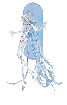 Rule 34 | 1girl, absurdres, blue background, blue garter belt, blue gloves, blue hair, blue ribbon, boots, closed mouth, crown, curtained hair, flat chest, floating headgear, flower, flower in clothes, flower trim, full body, garter belt, gloves, hair between eyes, hair ribbon, headgear, high heel boots, high heels, highres, jacket, juliet sleeves, long hair, long legs, long sleeves, looking at viewer, low ponytail, mole, mole under eye, multicolored hair, neck ribbon, no panties, original, outstretched arms, pelvic curtain, pink flower, pink tulip, ponytail, puffy sleeves, ribbon, s xing guowang, solo, spread arms, standing, tall female, thigh boots, tulip, turtleneck, two-tone hair, veil, very long hair, white background, white boots, white eyes, white hair, white jacket, window