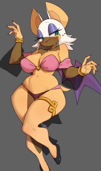 1girl absurdres animal_ears animal_nose arabian_clothes bandeau bare_shoulders bat_ears bat_girl bat_wings black_shoes blue_eyeshadow bracelet breasts cleavage curvy dancer eyelashes eyeshadow fang fang_out fingernails flipped_hair flowerpigeon full_body furrowed_brow furry furry_female gold_bracelet gold_thighlet green_eyes grey_background half-closed_eyes hands_up harem_outfit heart heart_o-ring highres jewelry large_breasts light_smile long_fingernails long_sleeves looking_at_viewer makeup mouth_veil nail_polish navel o-ring o-ring_top off_shoulder pelvic_curtain pink_bandeau pink_nails puffy_long_sleeves puffy_sleeves purple_wings rouge_the_bat see-through_clothes see-through_pelvic_curtain see-through_sleeves shoes short_tail simple_background solo sonic_(series) standing tail thighlet veil wings