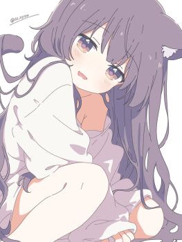 Rule 34 | 1girl, :d, animal ears, brown eyes, brown hair, cat ears, cat girl, cat tail, fang, highres, lil (lil xyzw), long hair, long sleeves, looking at viewer, off shoulder, open mouth, original, oversized clothes, oversized shirt, shirt, skin fang, smile, squatting, tail, webp-to-png conversion, white shirt