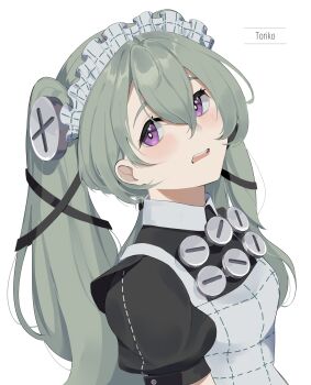 1girl absurdres apron artist_name breasts corin_wickes green_hair hair_between_eyes highres long_hair looking_at_viewer maid maid_apron maid_headdress open_mouth puffy_short_sleeves puffy_sleeves purple_eyes screw_hair_ornament short_sleeves simple_background solo toriko_marise twintails upper_body white_background zenless_zone_zero