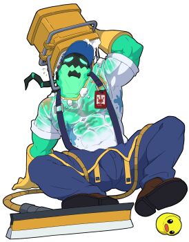 1boy aark0 abs absurdres altoh bara blue_pants boots brown_boots commentary english_commentary gloves highres horns janitor janitor_thresh league_of_legends male_focus muscular muscular_male pants pectorals rubber_duck shirt single_horn suspenders tearing_up thresh_(league_of_legends) wet wet_clothes wet_shirt white_background yellow_gloves